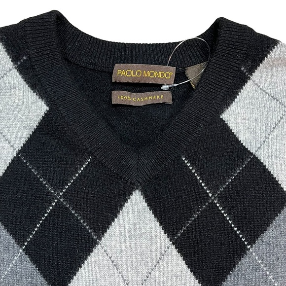Men’s Paolo Mondo Cashmere Sweater Black Argyle Crew Neck Long Sleeve Pullover - Picture 9 of 11